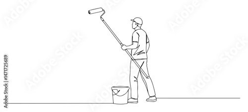Painter using roller on high wall, continuous line drawing