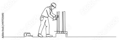 Worker fastening vertical rebar rods, one‑line drawing illustration