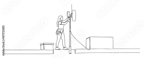 female worker installing antenna equipment on pole, black and white vector