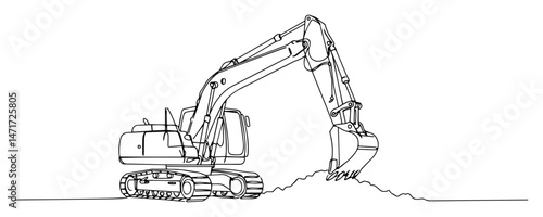 excavator digging ground in continuous line drawing, black and white vector