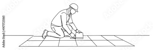 worker laying floor tiles in black and white continuous line vector style