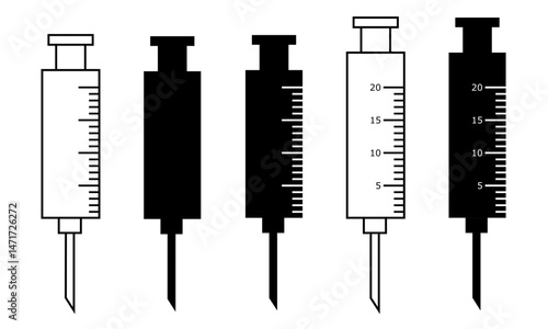 Syringe with beveled needle set simple vector illustrations, transparent, with measurement markings, scale with numbers, black syringe silhouette