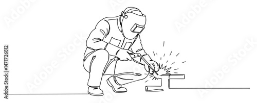 welder working in protective gear, sparks flying, one line black and white industrial vector illustration