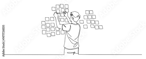man sticking notes on wall during brainstorming, continuous line vector illustration