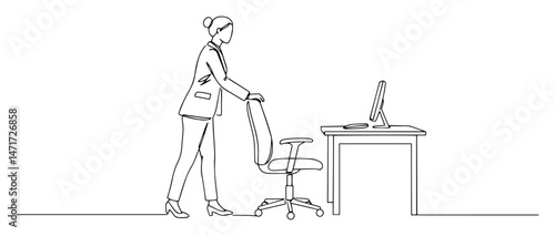 businesswoman moving office chair line art vector