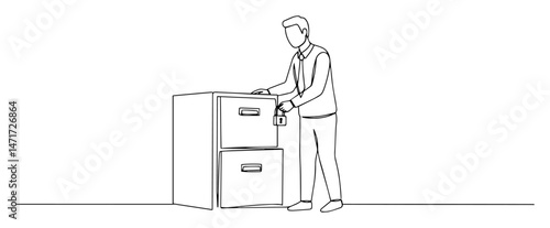 man using filing cabinet vector line illustration

