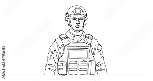 Front‑view soldier in tactical vest with helmet, continuous line drawing