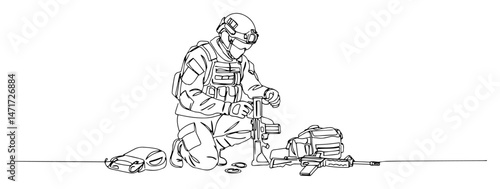 Bomb disposal specialist disarming explosive with robot, one‑line drawing