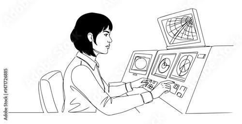 Female radar operator monitoring control screens, one‑line drawing