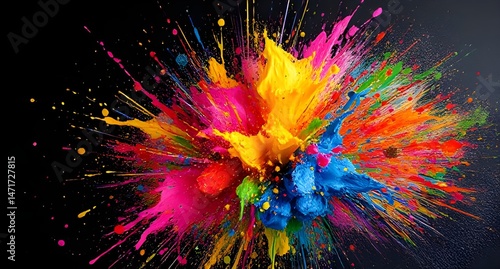 Vibrant explosion of colorful paint against a stark black background creating a dynamic abstract design (1)