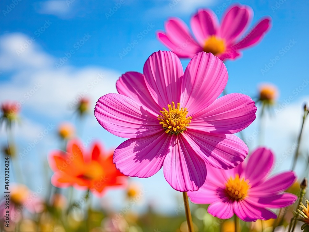Pink Cosmos Against a Blue Sky, Natural Landscape Pink Cosmos Against a Blue Sky, Natural Landscape