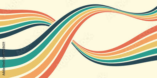 Abstract colorful 70s background vector. Vintage retro wallpaper with rainbow stripes and wavy lines. A 1970 color illustration suitable for posters, banners, decorative items and wall art.