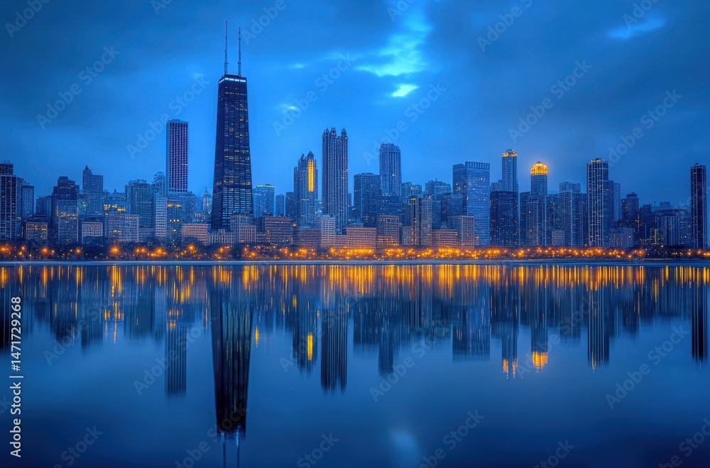 Blue hour city skyline with streetlights glowing Blue hour city skyline with streetlights glowing