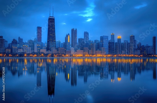 Blue hour city skyline with streetlights glowing