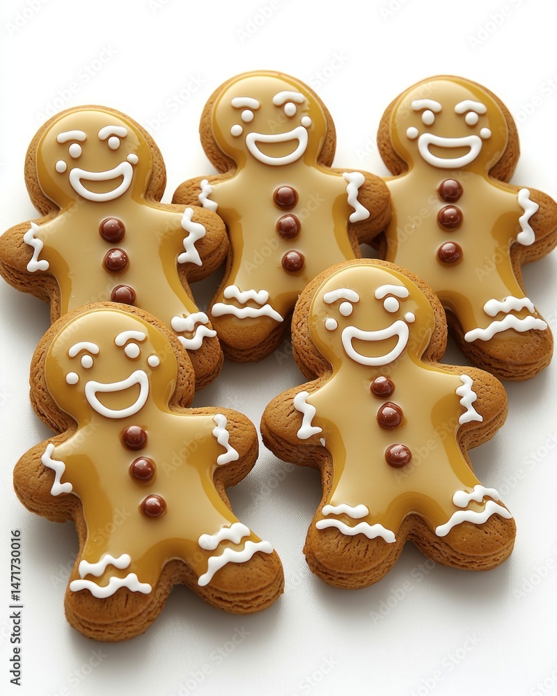 Festive gingerbread men cookies. Five smiling gingerbread men cookies, glazed and decorated with icing Festive gingerbread men cookies. Five smiling gingerbread men cookies, glazed and decorated with icing