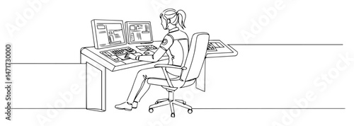 one line drawing of a female security or military operator at a desk with multiple screens