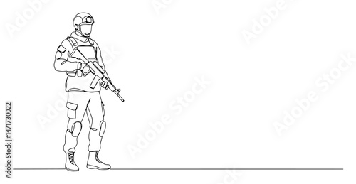 Armed soldier standing guard with rifle, continuous line art