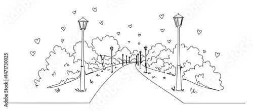 Romantic park alley vector with street lamps and trees