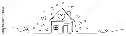 house surrounded by hearts, simple line vector symbolizing love, warmth and home