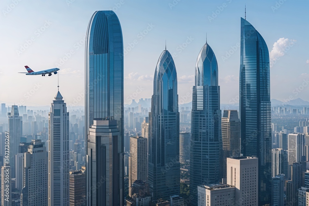 Fototapeta premium Skyscrapers and Airplanes in the City Skyline