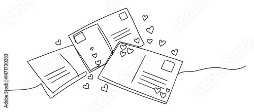 romantic postcards with scattered hearts, hand-drawn valentine-themed vector in line art style