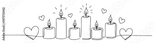 black and white vector of burning candles surrounded by hearts in a romantic line style
