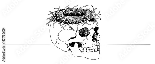 skull with bird nest on top, symbol of rebirth after collapse, black and white line vector