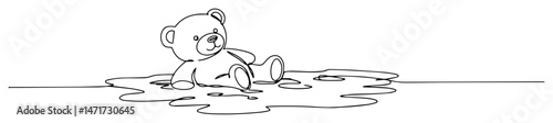 teddy bear lying in puddle, minimalist line vector symbolizing sadness or loss