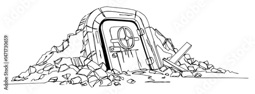 black and white vector of destroyed bunker entrance surrounded by debris and stones