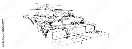 old broken steps with moss or vines, line vector evoking decay and time passing