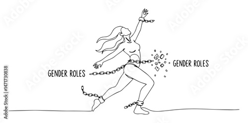 strong black and white vector of a woman breaking chains labeled gender roles, symbol of liberation