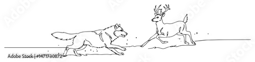 wolf chasing deer in dynamic wildlife scene, predator and prey drawn in minimalist black and white vector style