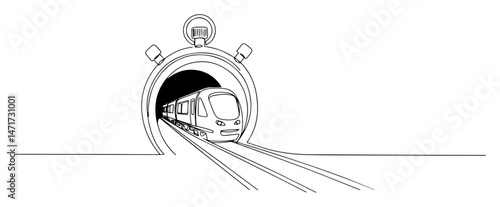train emerging from stopwatch tunnel, symbolizing time pressure and fast transport in conceptual vector design