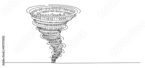 binary code tornado forming digital vortex, abstract black and white vector symbolizing data overload and AI