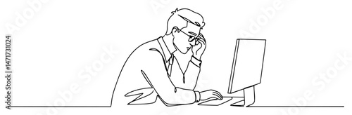 stressed employee at desk black and white line art