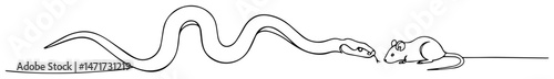 black and white vector of snake approaching a mouse, drawn in continuous line style, symbolic predator prey scene