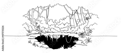 mysterious black cave surrounded by jungle in minimal line art style, nature adventure theme