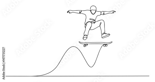 skateboarder jumping in the air with abstract line wave, sporty and modern vector illustration