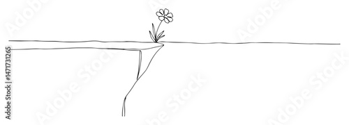 simple line vector of a lone flower sprouting from a small crack, symbol of hope and strength