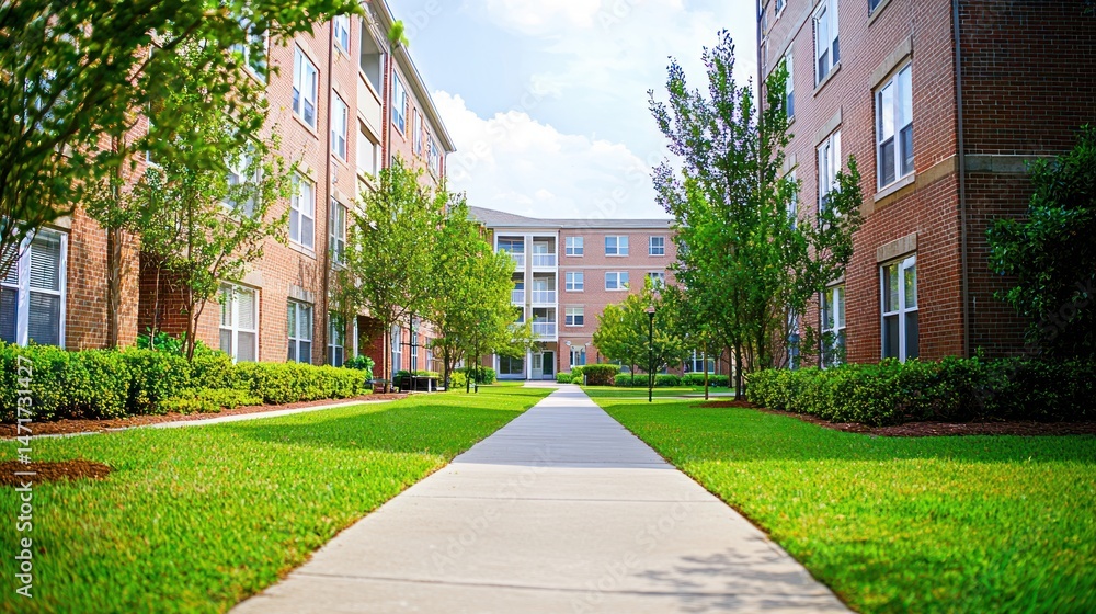 Obraz premium A serene, well-maintained apartment complex with lush green lawns and mature trees, featuring a wide walkway leading to the entrance.