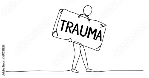 minimalist vector of a person carrying the word trauma as a heavy object
