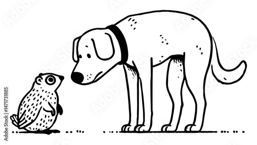 funny cartoon vector of a dog and rodent staring at each other in black and white line art