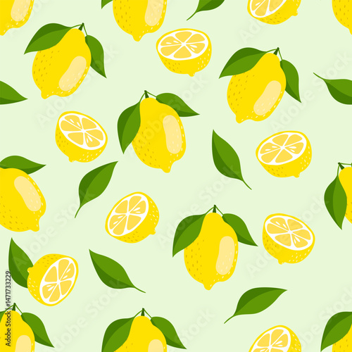 Tropical seamless background with yellow lemons. A repeating pattern of citrus fruits. Vector illustration.
