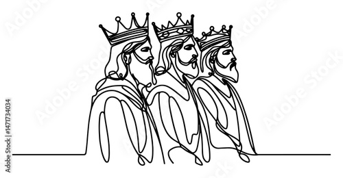 three wise men in a single line vector drawing, epiphany religious theme