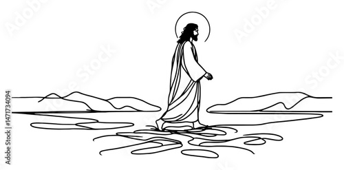 jesus walking on water in continuous line art style vector illustration