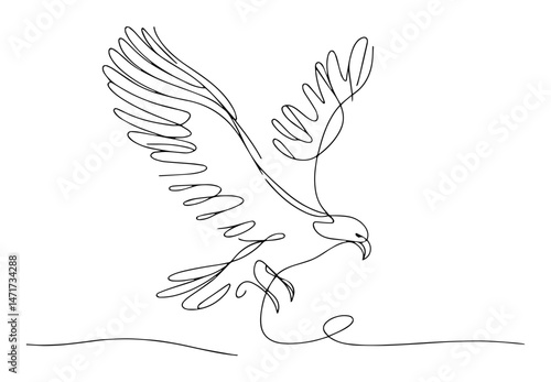 eagle in flight drawn in one continuous line, minimal vector design of bird of prey