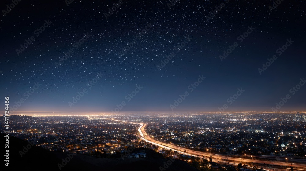 Fototapeta premium Nighttime aerial view of a metropolitan city, with endless rows of streetlights and brightly lit roads, showing the city in full motion under the stars