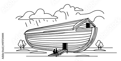 black and white vector of noah’s ark with rain and clouds, minimal biblical line art illustration