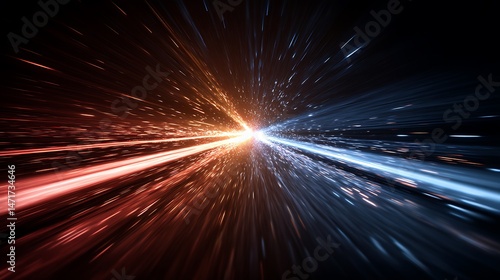 Abstract light trails emanating from a central point showcasing contrasting colors red and blue for a dynamic backdrop