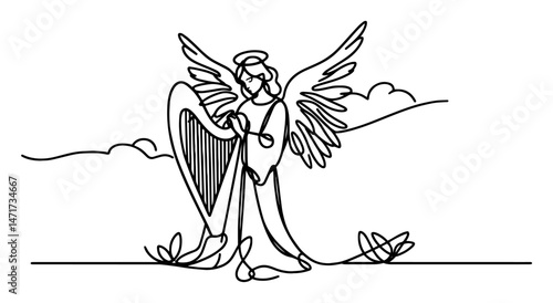 black and white line art vector of an angel playing harp in clouds